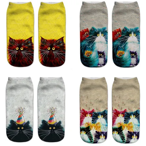 Donne Uomini 3D Pittura ad Olio Gatto Stampa Calzini Corti Cartoon Arte Design Casual Traspirante Moda Calzini alla Caviglia