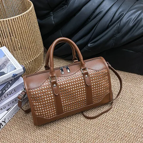 Vrouwen Grote Capaciteit PU Leer Handtas Vintage Opengewerkt Schoudertas Casual Reizen Tote Tas