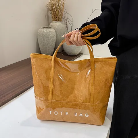 Women's Large Capacity PVC Waterproof Tote Bag Fashion Casual Solid Color Letter Print Shopping Handbag Shoulder Bag