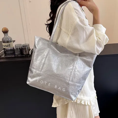 Women's Large Capacity PVC Waterproof Tote Bag Fashion Casual Solid Color Letter Print Shopping Handbag Shoulder Bag