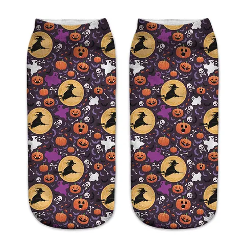 Calzini Corti con Stampa 3D di Halloween da Donna Carino Goth Zucca Streghe Teschio Fantasma Calzini alla Caviglia Festa
