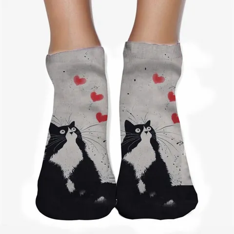 Harajuku Stampa 3D Simpatico Gatto E Cuore Calzini Corti Donna Casual Traspirante Poliestere Calzini Moda
