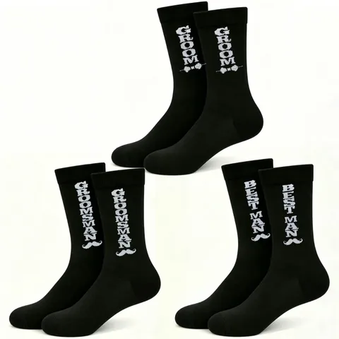 Men's Wedding Cotton Crew Socks Groom Groomsman Best Man Letter Pattern Breathable Casual Dress Socks For Wedding Party