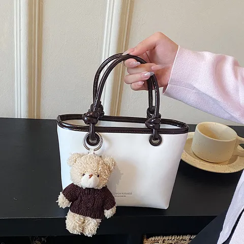 Dames PU Lederen Handtas Stijlvolle Kleurblok Schoudertas Met Pluche Beren Hanger Casual Tote Crossbody Tas