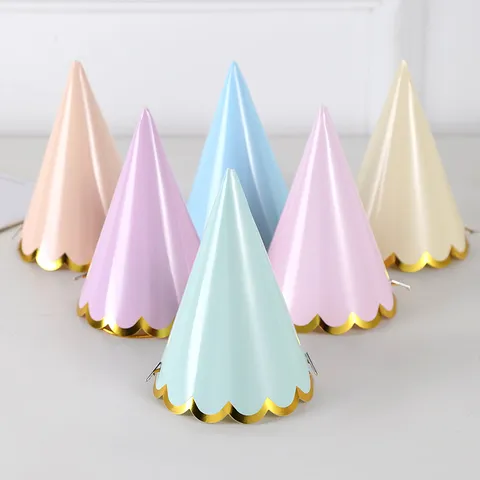 Κωνικά Καπέλα Πάρτι Χρώματος Macaron Θερμοτυπία Κυματιστή Άκρη Γενεθλίων Με Pom Pom Και Χρυσό Κορδόνι Διακόσμηση Πάρτι