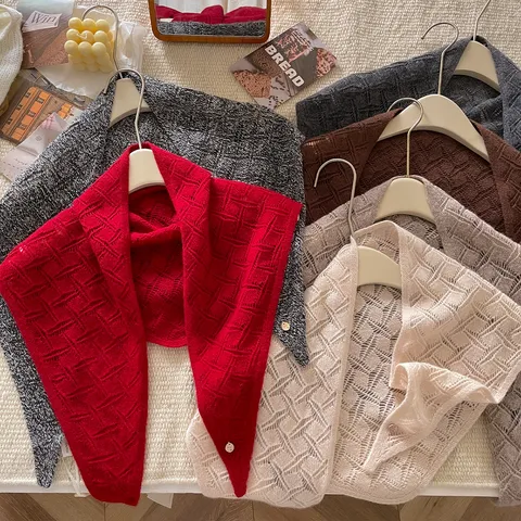 Vrouwen 100% Wol Gebreid Hol Driehoekige Sjaal Effen Kleur Herfst Winter Warm Nek Wrap Sjaal Bandana Accessoire