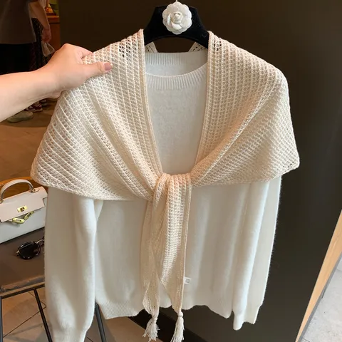 Women Knitted Wool Blend Triangle Scarf Solid Color Elegant Hollow Out Shawl Lightweight Shoulder Wrap For Daily Commute Accessories