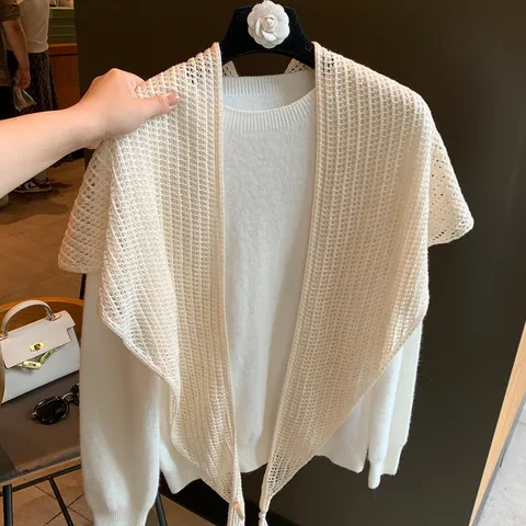 Women Knitted Wool Blend Triangle Scarf Solid Color Elegant Hollow Out Shawl Lightweight Shoulder Wrap For Daily Commute Accessories