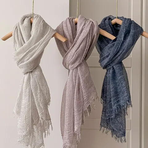 Damen Einfarbiger Tencel Wollmischung Schal Mori-Mädchen-Stil Crinkle-Textur Fransen-Schultertuch Leichter Sonnenschutz Herbst Halstuch