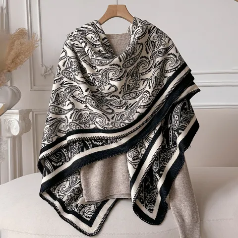 French Vintage Paisley Large Shawl For Women Wool Blend Printed Warm Scarf Travel Blanket Home Throw Oversized Scarf