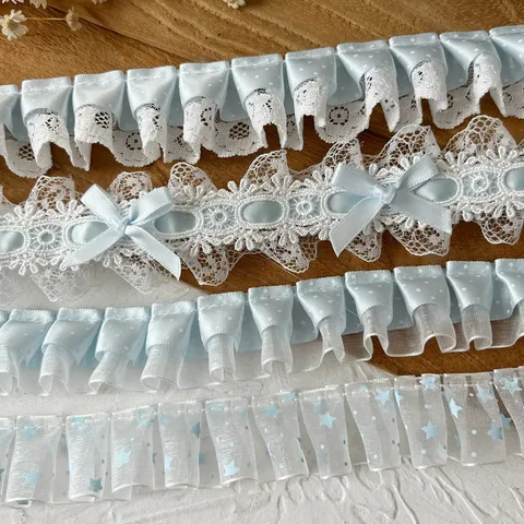 Cinta de Volantes con Borde de Encaje Plisado con Lunares Azules para Manualidades DIY Decoración de Dobladillo de Ropa Estilo Lolita