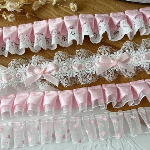 Pink Polka Dot Heart Lace Ribbon Trim DIY Decorative Pleated Ruffled Edge For Lolita Dress Garment Accessories Handcraft Sewing Supplies