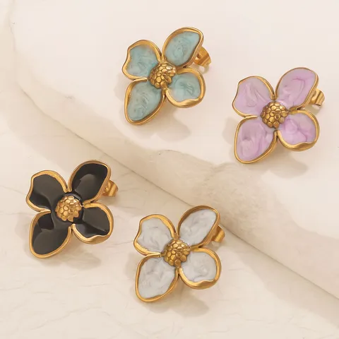 Vintage Stainless Steel Oil Dripping Four Petal Flower Stud Earrings Gold Plated Floral Niche Luxury Jewelry Accessories For Women