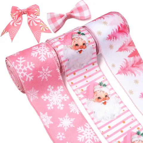 Nastro in Poliestere con Bordo Animato per Natale Rosa per Confezioni Regalo Fai da Te Fiocchi per Capelli Decorazione Festiva Festa Motivo Albero di Natale Renna