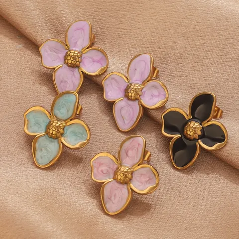 Vintage Stainless Steel Oil Dripping Four Petal Flower Stud Earrings Gold Plated Floral Niche Luxury Jewelry Accessories For Women