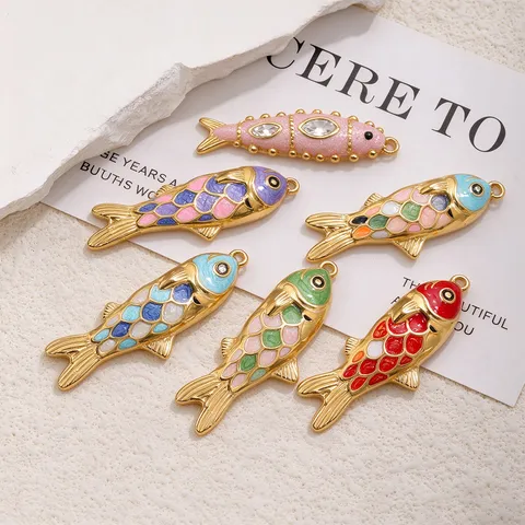 Stainless Steel Gold Plated Koi Fish Enamel Pendant Rhinestone Carp Charm For DIY Necklace Bracelet Making Jewelry Accessory