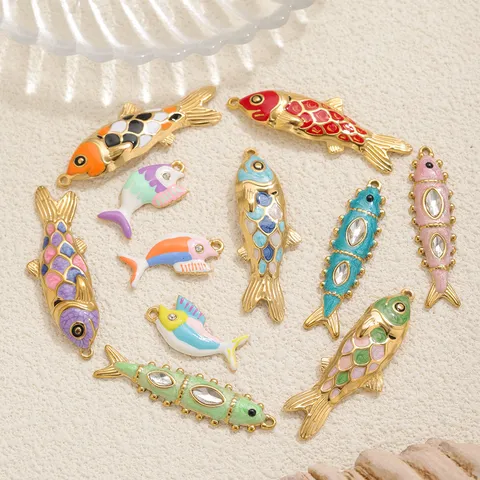 Stainless Steel Gold Plated Koi Fish Enamel Pendant Rhinestone Carp Charm For DIY Necklace Bracelet Making Jewelry Accessory