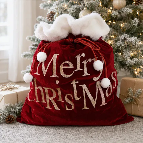 Grand Sac Cadeau de Noël en Velours Avec Cordon de Serrage Bordure en Fausse Fourrure Imprimé Lettre Sac du Père Noël pour Décoration de Fête