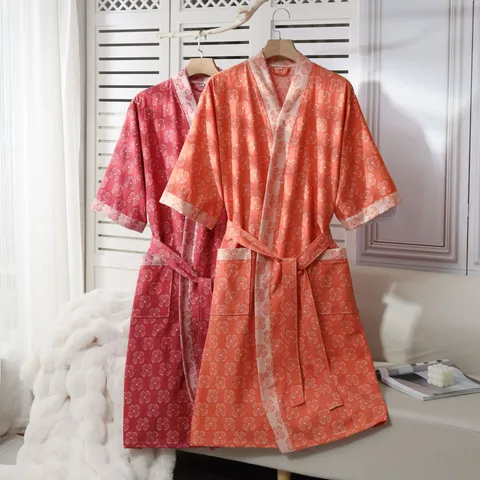 Women Cotton Double Layer Gauze Bathrobe Floral Clover Printed Japanese Style V-Neck Robe With Belt Soft Sleepwear