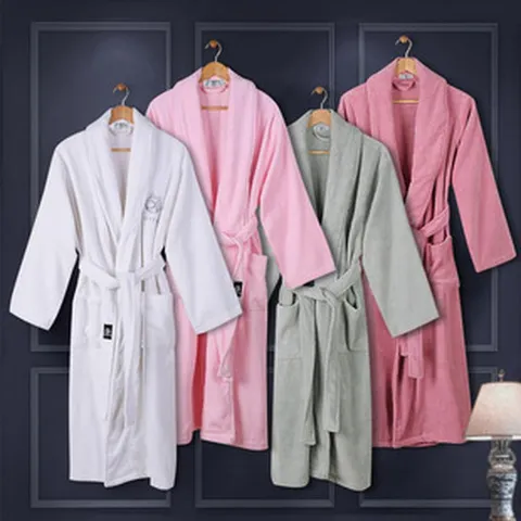 Hotel Pure Cotton Robe Unisex Couple Long Sleeve Thick Bathrobe Homewear Solid Color Soft Absorbent Sleepwear For Spa Salon