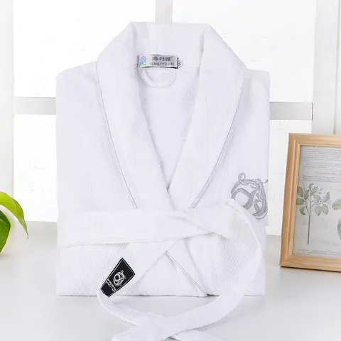 Cotton Waffle Weave Robe For Men And Women Embroidered Long Sleeve Sleepwear With Belt Pockets Spa Hotel Bathrobe Casual Loungewear