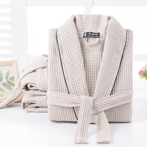 Unisex Cotton Waffle Weave Robe Soft Absorbent Hotel Style Bathrobe With Tie-Waist Contrast Piping Sleepwear For Men And Women