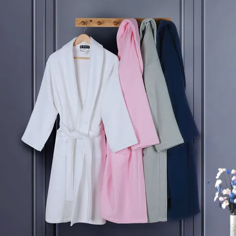 Accappatoio Lungo Unisex in Cotone Nido d'Ape Spessa Doppia Vestaglia Stile Hotel Assorbente Casa Biancheria da Notte Con Cintura