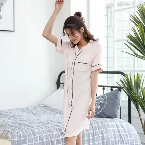 Women Modal Short Sleeve Nightgown Contrast Piping V Neck Home Robe Sleepwear Pocket Solid Color Loungewear Casual Mid Length Dress