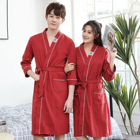 Couples Pure Cotton Robe Japanese Style Solid Color Mid-Length Pajamas Breathable Cardigan Sleepwear For Men And Women