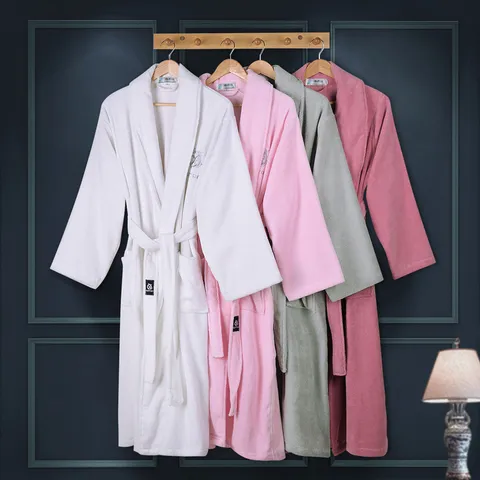 Hotel Pure Cotton Robe Unisex Couple Long Sleeve Thick Bathrobe Homewear Solid Color Soft Absorbent Sleepwear For Spa Salon