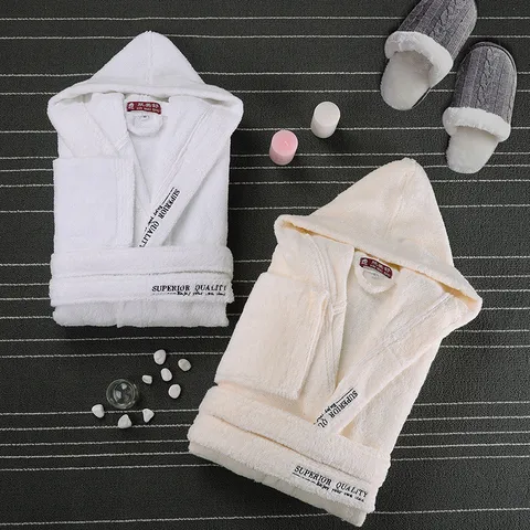 Unisex Pure Cotton Thickened Terry Bathrobe For Men Women Hotel Spa Robe Solid Color Long Sleeve Hooded Nightwear Loungewear