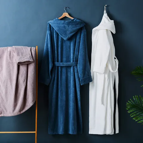 Couple Thickened Cotton Hooded Bathrobe Long Water Absorbing Winter Sleepwear Robe For Hotel And Home