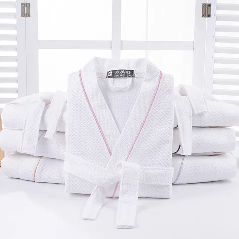 Unisex Cotton Waffle Weave Robe Soft Absorbent Hotel Style Bathrobe With Tie-Waist Contrast Piping Sleepwear For Men And Women