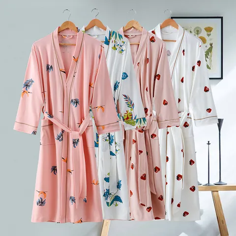 Women Cotton Printed Long Robe Sexy V-Neck Long Sleeve Bathrobe Pajamas With Belt For Summer Spring Loungewear