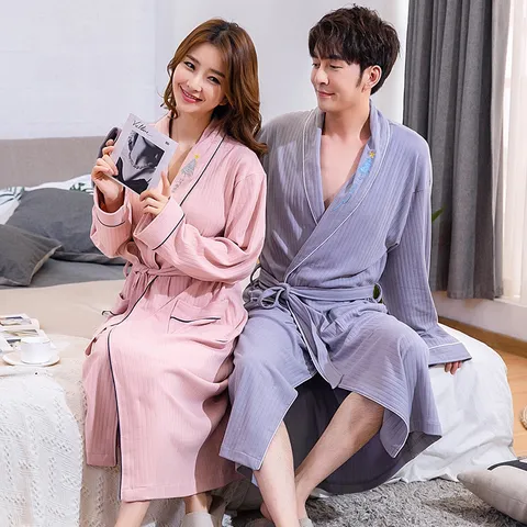 Unisex Pure Cotton Long Robe Absorbent Comfortable Embroidered Striped Loungewear Bathrobe For Home Hotel Couples Pajama Robe