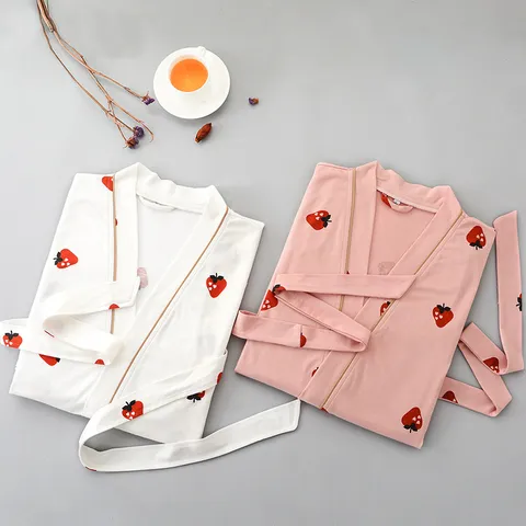 Women Cotton Printed Long Robe Sexy V-Neck Long Sleeve Bathrobe Pajamas With Belt For Summer Spring Loungewear