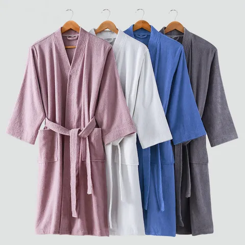 Cotton Terry Cloth Bathrobe Kimono Collar Thick Absorbent Robe For Hotel Home Couples Women Men Long Sleeve Nightgown