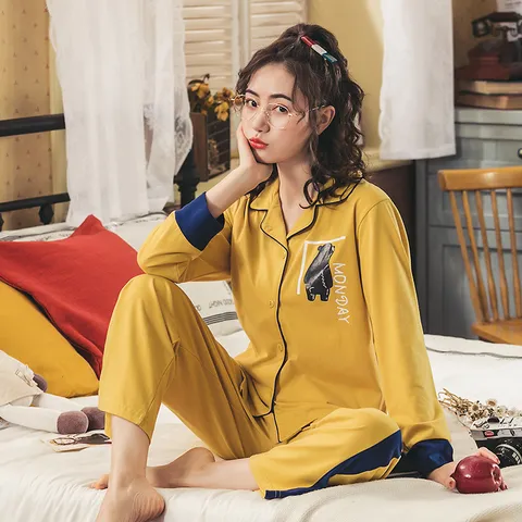 Cotton Couple Pajama Set Long Sleeve Turn-down Collar Button Down Sleepwear Printed Casual Home Wear For Men Women