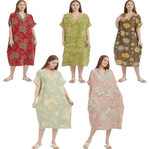 Damen Nachthemd Aus Reiner Baumwolle Doppellagige Gaze V-Ausschnitt Kurzarm Langes Nachtkleid Blumiger Jacquard Hauskleid