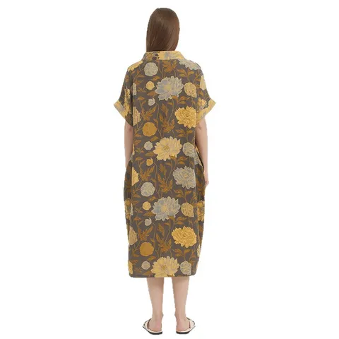 Damen Nachthemd Aus Reiner Baumwolle Doppellagige Gaze V-Ausschnitt Kurzarm Langes Nachtkleid Blumiger Jacquard Hauskleid