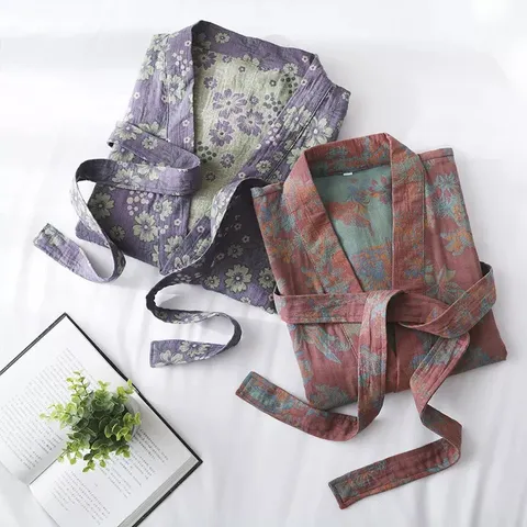 Women's Pure Cotton Double Layer Gauze Robe Vintage Floral Print Long Sleeve Bathrobe For Hotel Spa Home Loungewear Nightgown