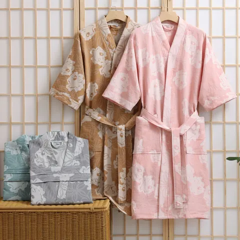 Women's 100% Cotton Double Layer Gauze Robe Floral Print V-Neck Bathrobe With Belt Absorbent Quick Dry Loungewear