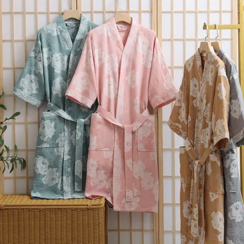Women's 100% Cotton Double Layer Gauze Robe Floral Print V-Neck Bathrobe With Belt Absorbent Quick Dry Loungewear