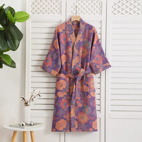 Women Men Summer Thin Cotton Double Layer Gauze Robe Absorbent Quick Dry Vintage Floral Print Bathrobe Sleepwear Home Service
