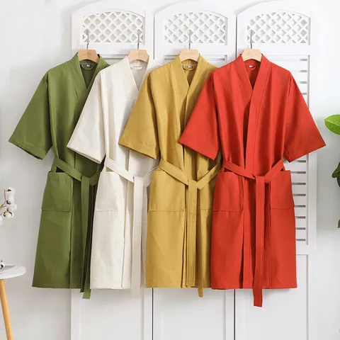 Baumwolle Waffelstruktur Bademantel Unisex Mittellang Dreiviertelarm Homewear Komfortabel Absorbierend Nachthemd Schlafanzug