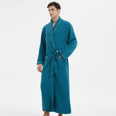 Luxury Pure Cotton Waffle Robe Hooded Long Bathrobe For Men Women Absorbent Soft Spa Sleepwear Home Hotel Wear Solid Color