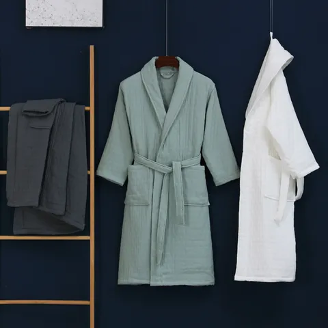Unisex Thickened Pure Cotton Waffle Bathrobe Absorbent Towel Material Winter Warm Robe For Women Men Home Hotel Spa Sleepwear