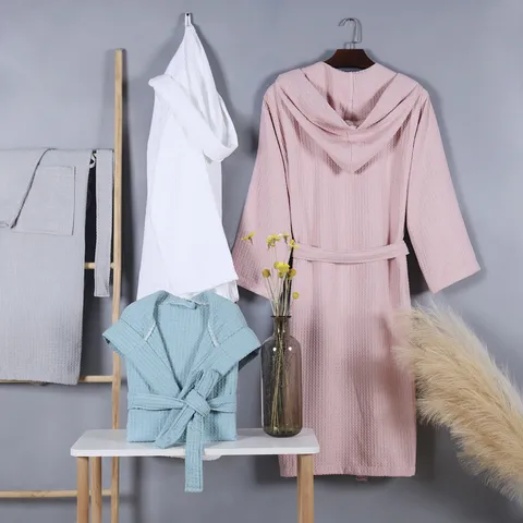 Albornoz de Algodón Gofre Unisex con Capucha Absorbente de Secado Rápido Pijama de Hotel para Mujeres Hombres Primavera Verano