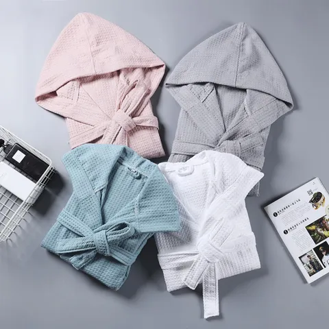 Albornoz de Algodón Gofre Unisex con Capucha Absorbente de Secado Rápido Pijama de Hotel para Mujeres Hombres Primavera Verano