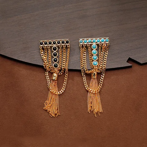 Vintage T-Shape Long Tassel Brooch Synthetic Turquoise Black Agate Men Women Gold Plated Copper Geometric Accessories
